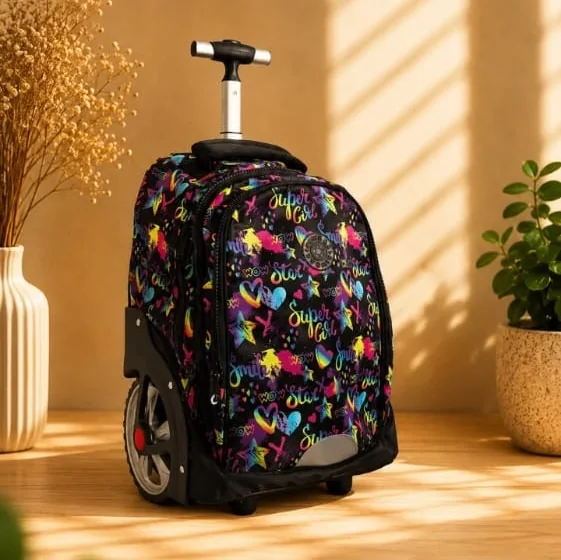 Cartable à roulettes motif étoiles et cœurs – Multicolore