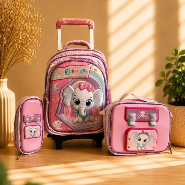 Pack cartable à roulettes motif éléphant – Rose