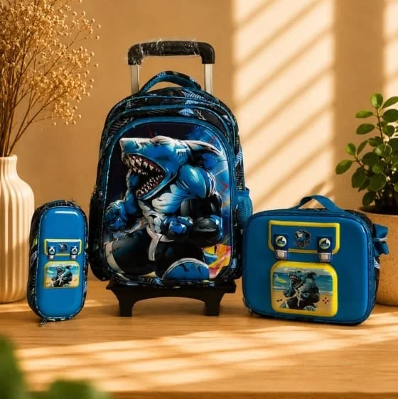 Pack cartable à roulettes motif requin – Bleu