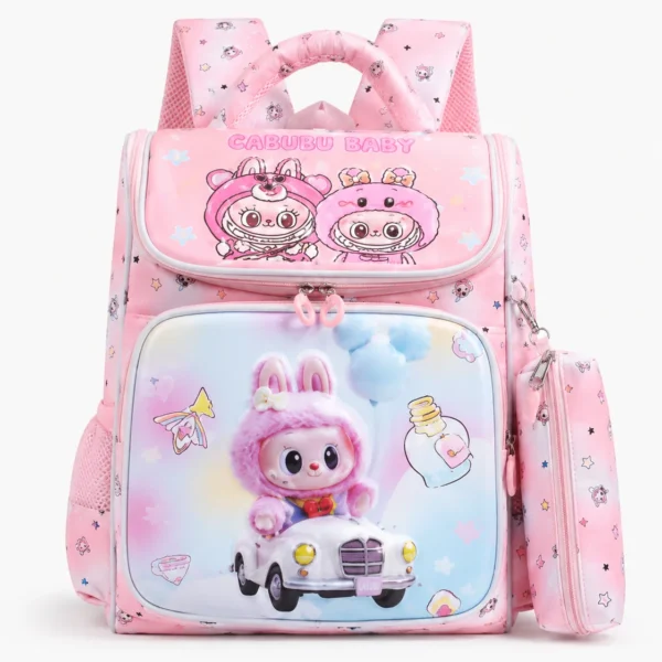 Sac à dos scolaire Balade en voiture avec trousse – Rose pastel