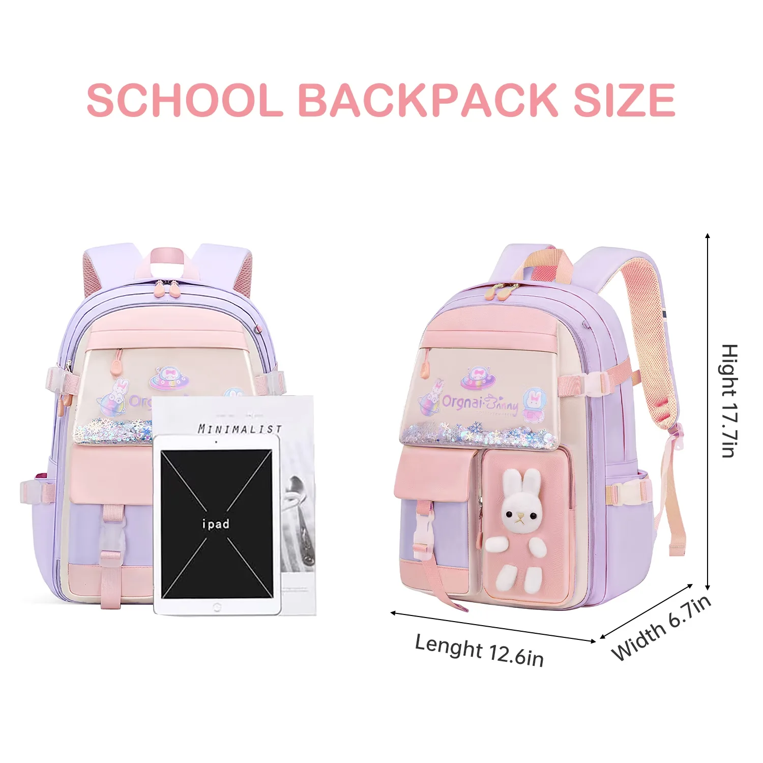 Sac à dos scolaire Bunny à oreilles – Mauve – vue détaillée 2