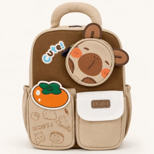 Sac à dos scolaire Ours & Orange – Beige et marron