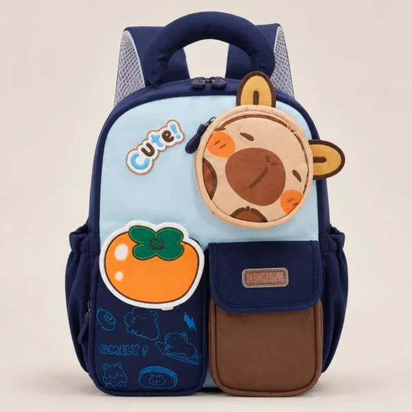 Sac à dos scolaire Ours & Orange – Bleu marine