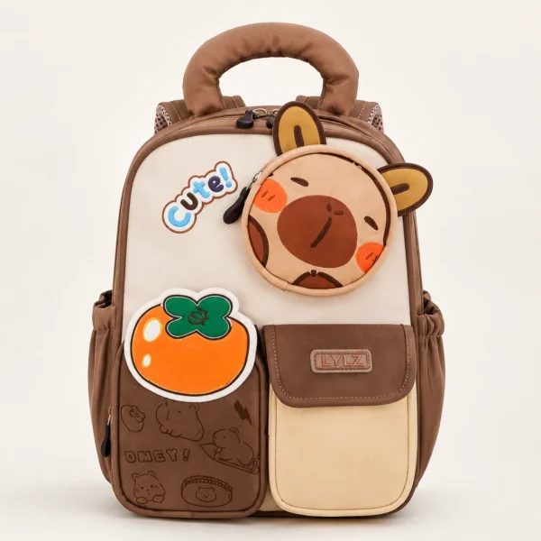 Sac à dos scolaire Ours & Orange – Marron et crème