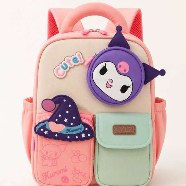 Sac à dos scolaire personnage espiègle – Corail et menthe