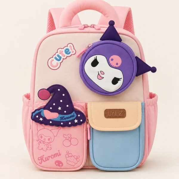 Sac à dos scolaire personnage espiègle – Rose poudré et bleu