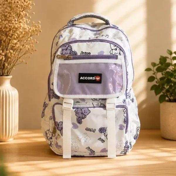 Sac à dos scolaire Accord motif oursons – Blanc et violet